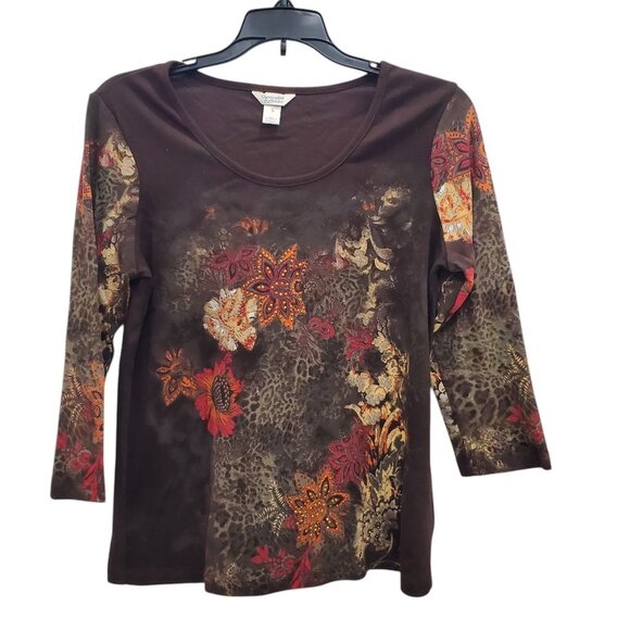 Christopher & Bank Y2K Brown Distressed Boho Floral Print Bling 3/4 Sleeve Tee S - Picture 1 of 6